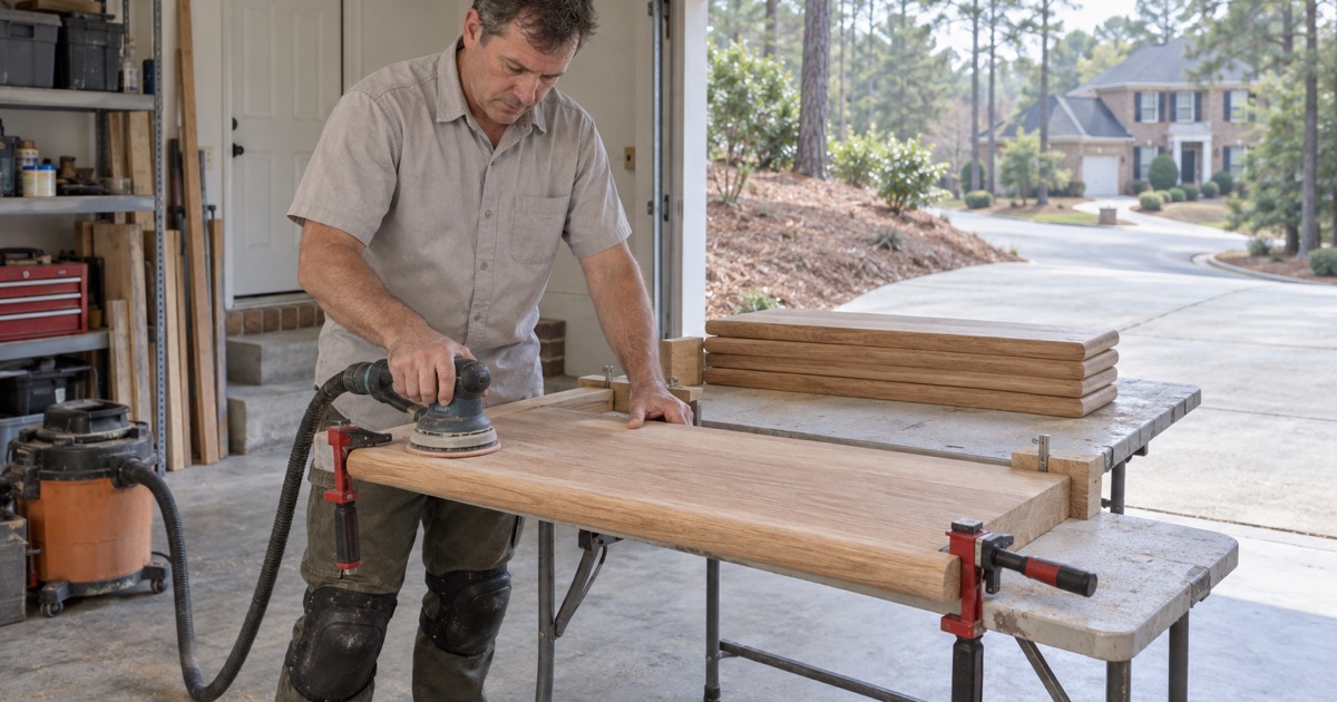 Worker sanding the rounded nose of a new oak stair tread clamped to a work table in the garage of an Alpharetta job site.