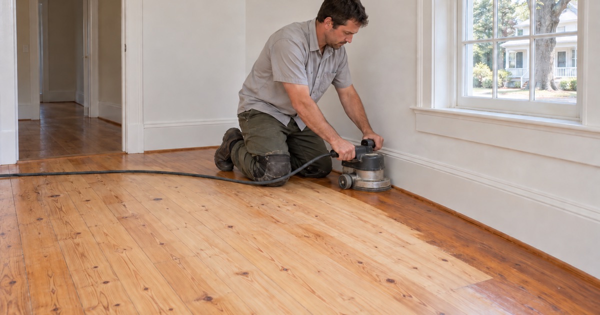 Worker running an edger along a baseboard where yellowed old pine floor is being sanded back to natural color in an Alpharetta home.