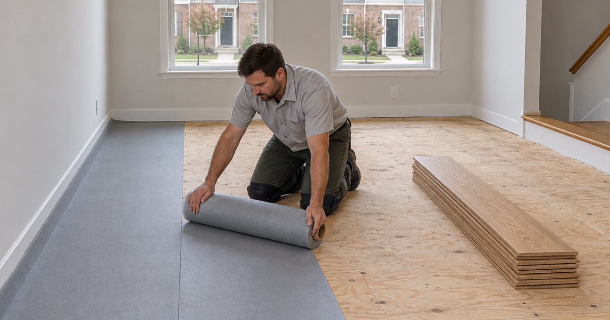 Worker unrolling underlayment across the plywood subfloor of an Alpharetta townhouse before new hardwood goes down.