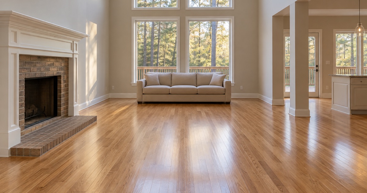 Refinished oak floor running the length of a sunlit two-story family room in an Alpharetta house.