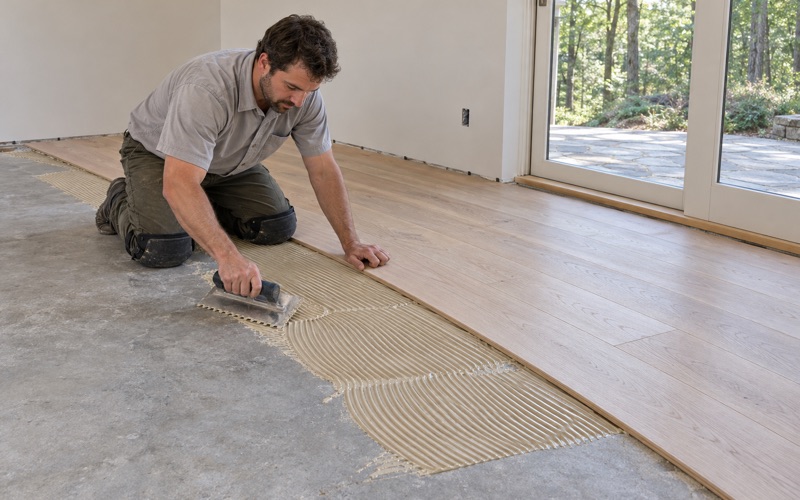 Worker troweling adhesive onto a concrete subfloor for engineered hardwood in the lower-level room of an Alpharetta home.