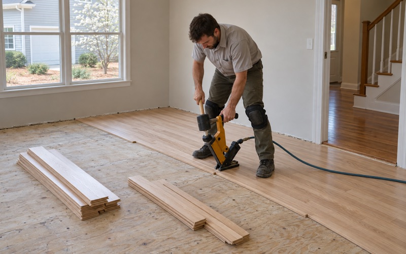 Worker striking a flooring nailer seated on the tongue of a solid oak board in a new floor going into an Alpharetta house.