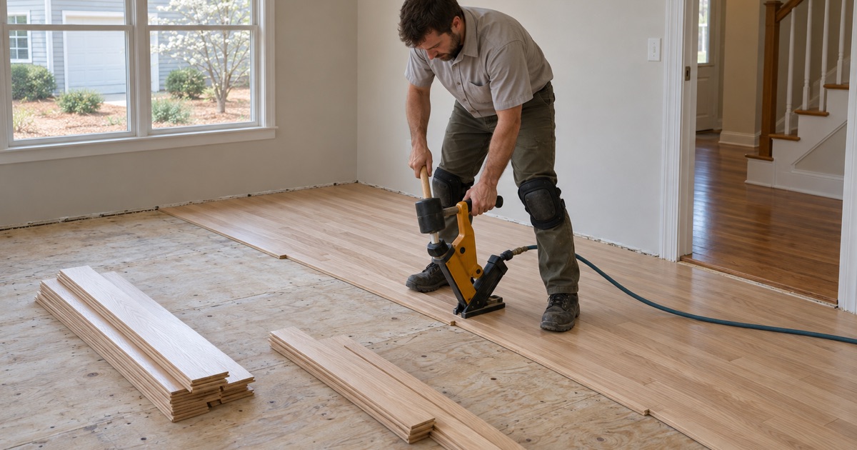 Worker striking a flooring nailer seated on the tongue of a solid oak board in a new floor going into an Alpharetta house.