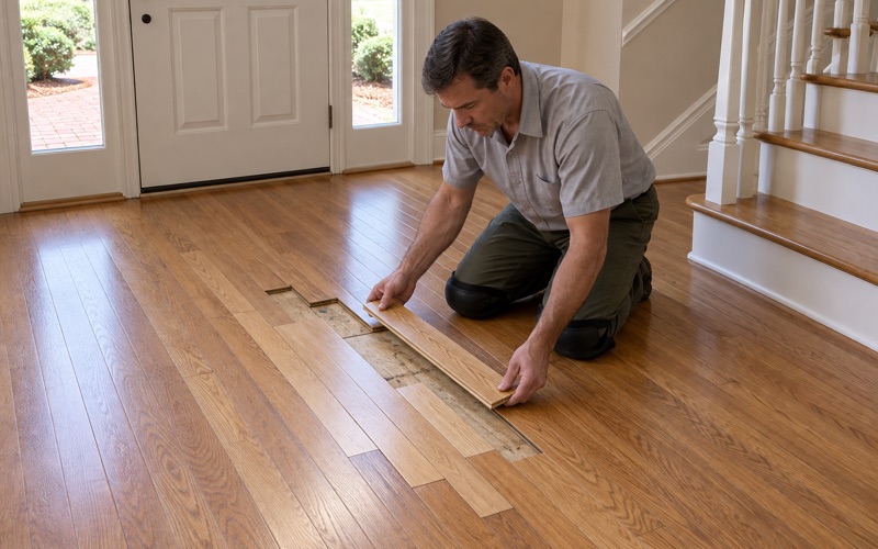 Worker lowering a replacement oak board into a staggered lace-in repair in the foyer floor of an Alpharetta house.