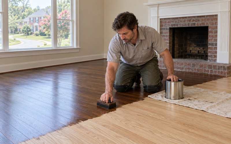 Worker working dark walnut stain into sanded oak floorboards with a stain pad in an Alpharetta living room.