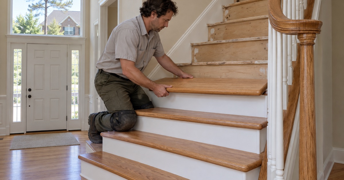 Worker setting a new oak stair tread with a rounded nose onto the foyer staircase of an Alpharetta house.