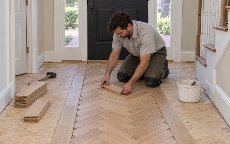 Worker setting white oak herringbone slats along a centerline in the entry hall of an Alpharetta house.