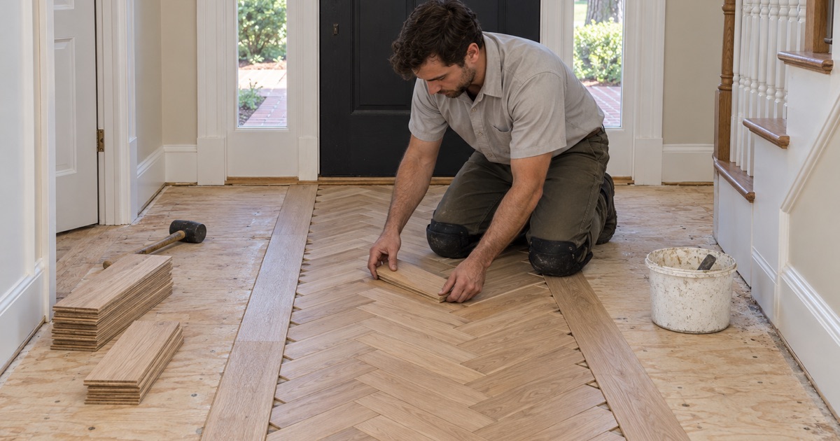 Worker setting white oak herringbone slats along a centerline in the entry hall of an Alpharetta house.