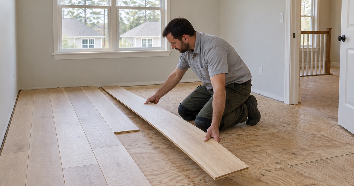 Worker laying out a dry row of wide white oak planks on a plywood subfloor in an upstairs room of an Alpharetta house.