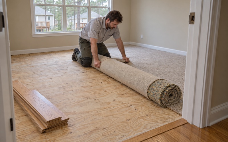 Worker rolling up old carpet from an upstairs bedroom in an Alpharetta house where new hardwood will be installed.