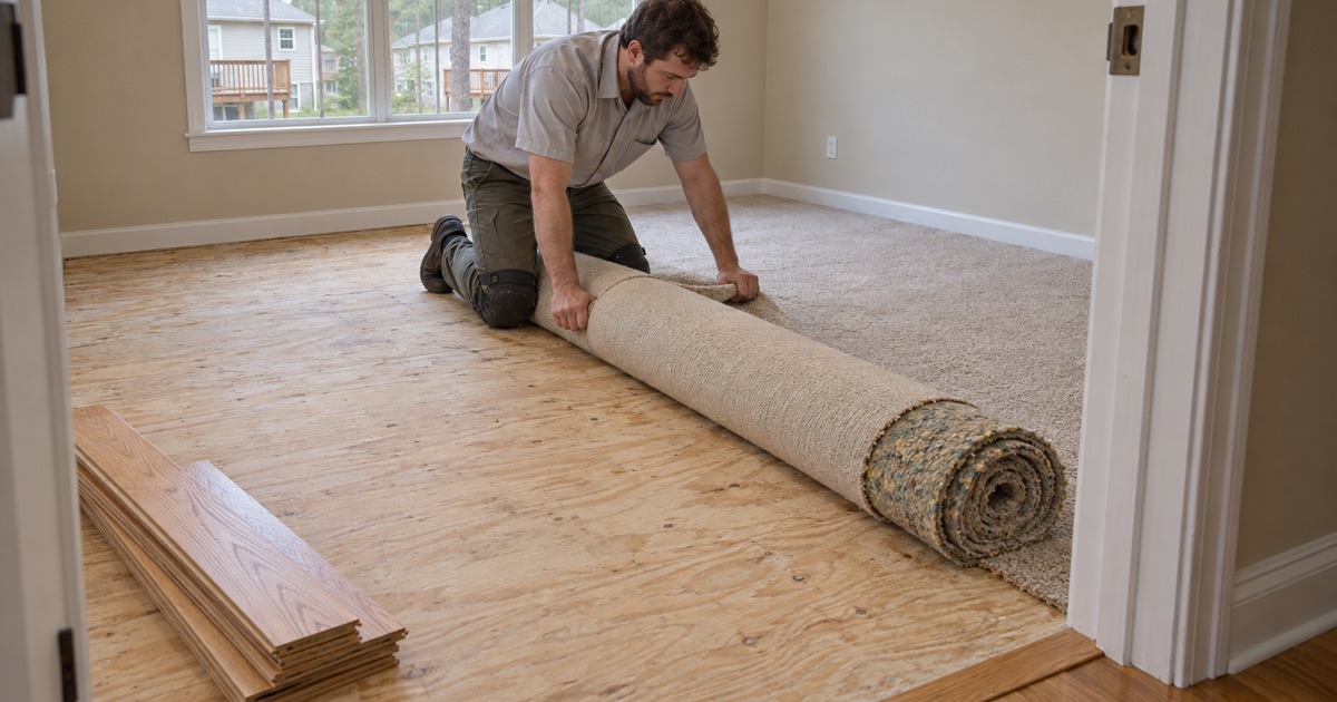 Worker rolling up old carpet from an upstairs bedroom in an Alpharetta house where new hardwood will be installed.