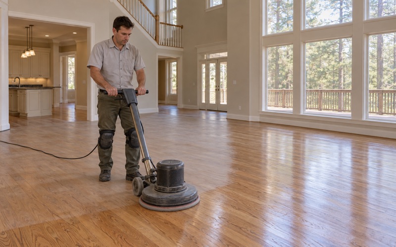 Worker running a floor buffer with a screen pad across a sound oak floor before a fresh coat of finish in an Alpharetta home.