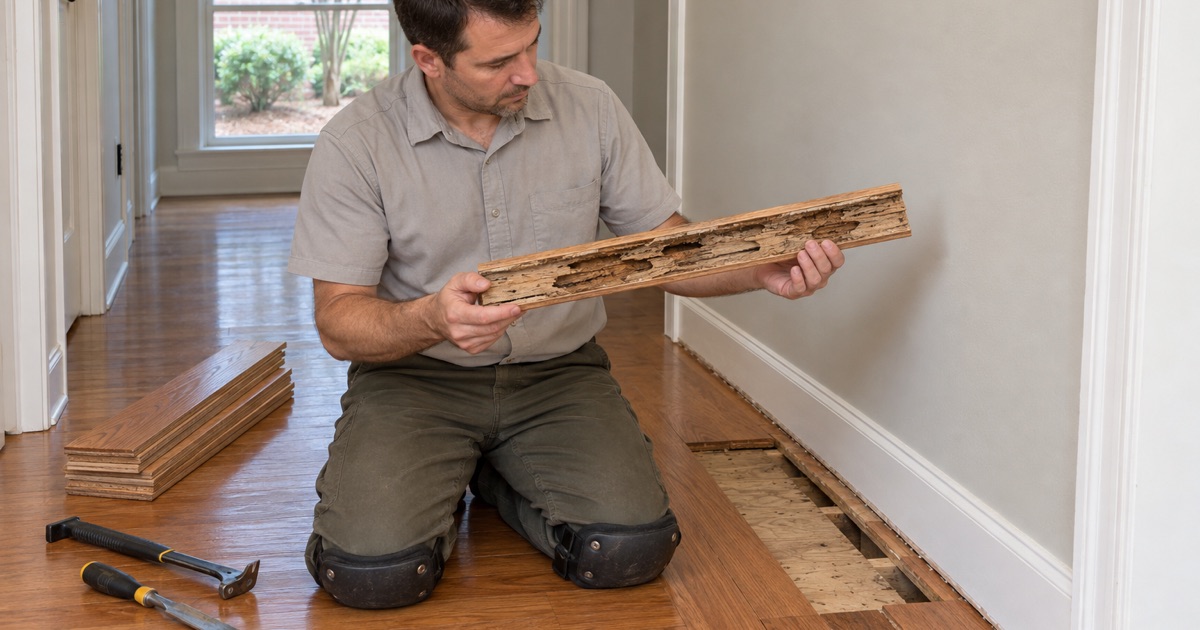 Worker holding a termite-damaged oak board with hollowed channels, cut out of a floor in an Alpharetta home after treatment.