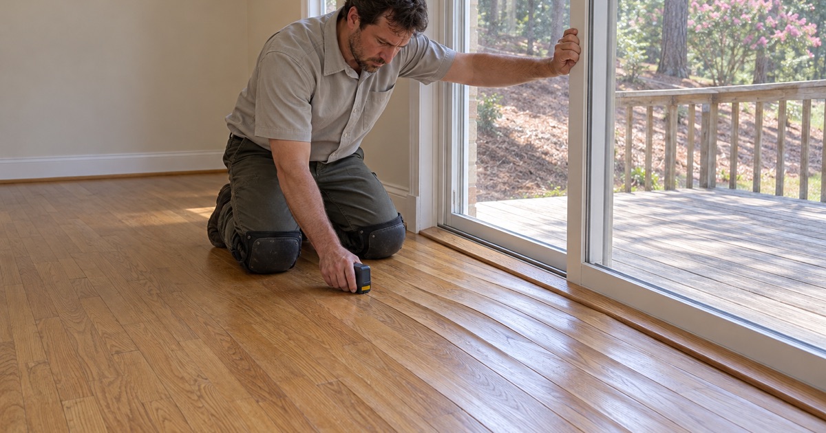 Worker pressing a moisture meter onto cupped oak boards in front of a sliding door in an Alpharetta house during a humid summer.