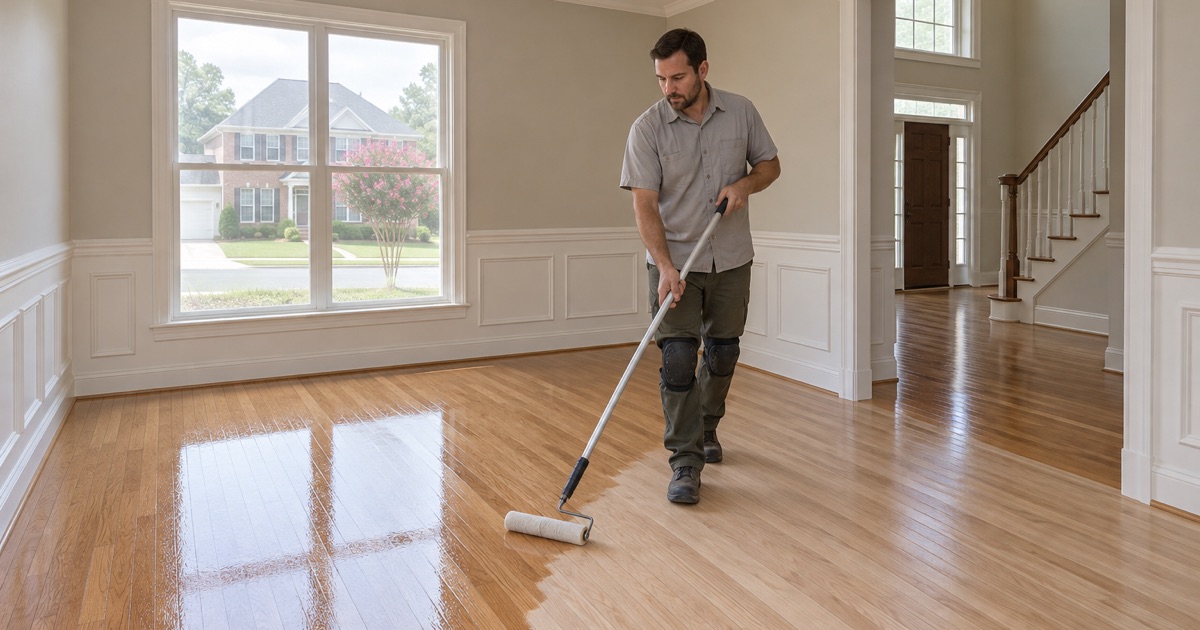 Worker walking backwards while rolling clear finish across sanded oak floors in the dining room of an Alpharetta house.