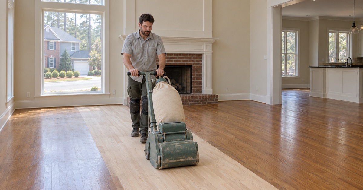 Worker guiding a drum sander along red oak strip flooring in the two-story family room of a 1990s house in Alpharetta.